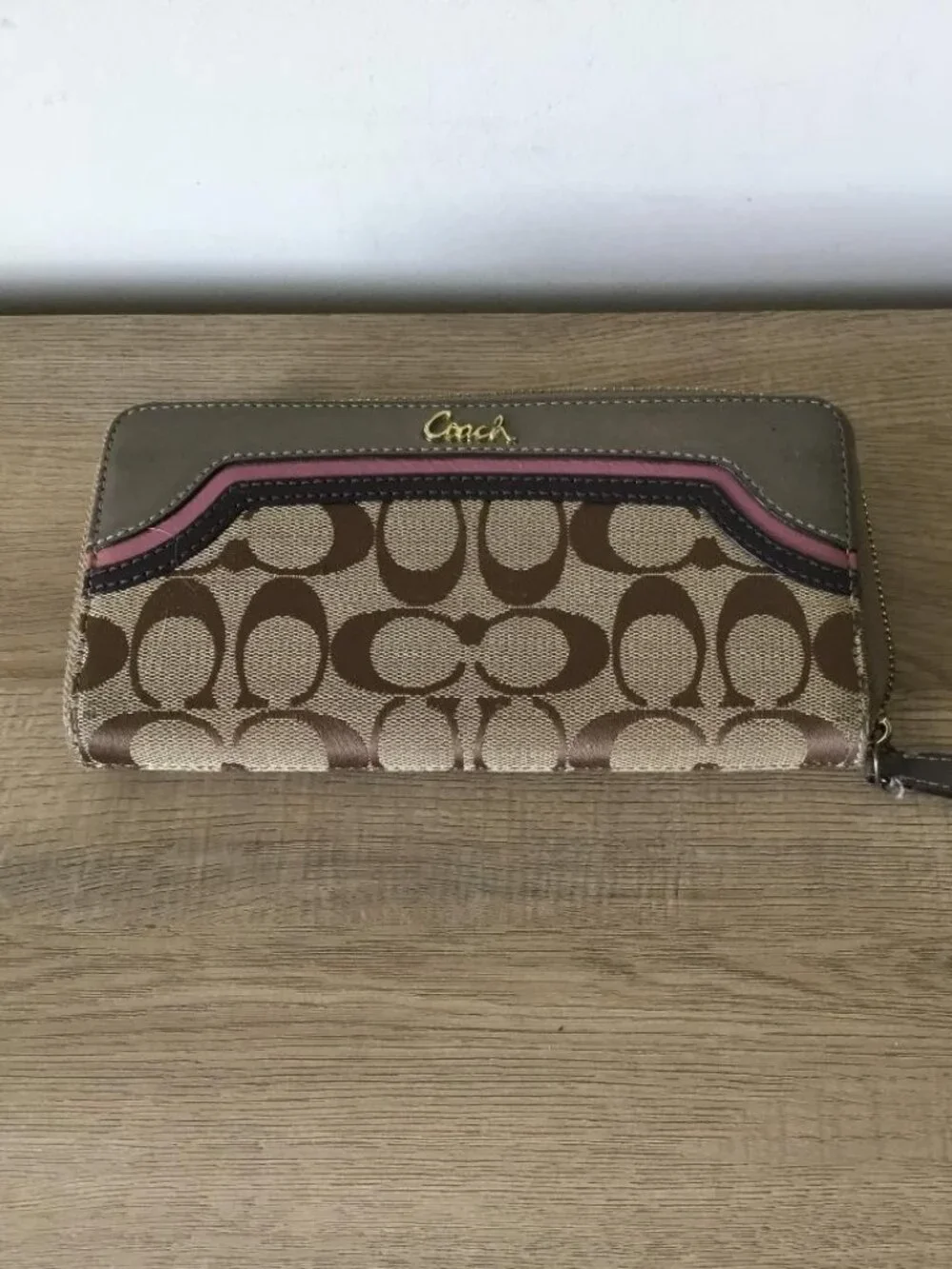 Coach Signature Zip Wallet in Tan with Pink Accent